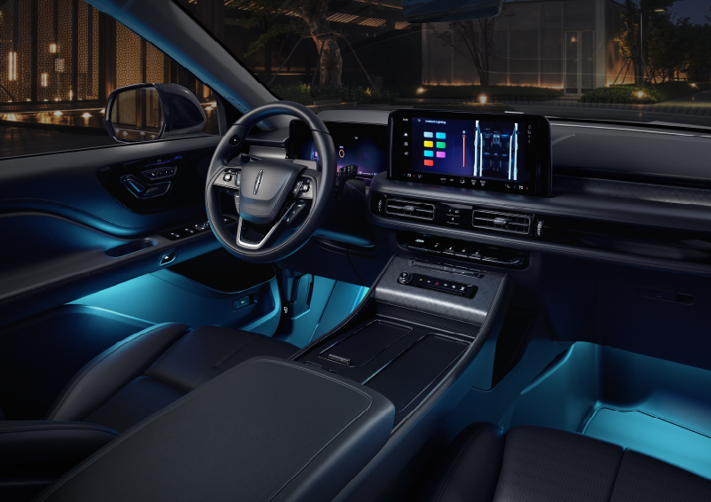 Deep blue ambient lighting glows from various places within a 2025 Lincoln Aviator® SUV. | Lincoln of Cutler Bay in Miami FL